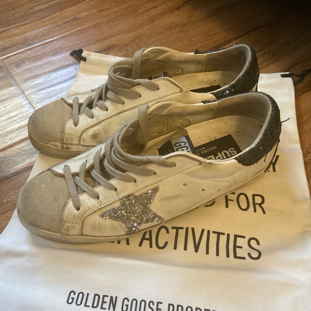 Golden Goose Cream and Gray Sneakers with Glitter Accent